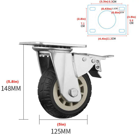 Heavy Duty Swivel Rubber Caster Wheels Double Lock Brake Alloy Bracket, 125mm tire, 148mm height for industrial use.
