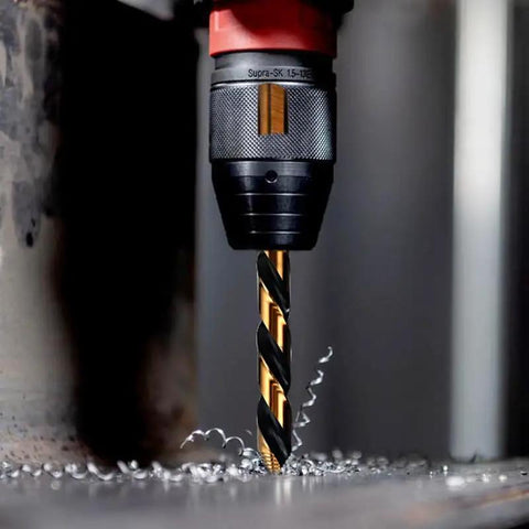 Close-up of Hyper Step HSS Cobalt Drill Bit Set 1/8 To 1/2 Inch, 13 Pc Stubby TurboStep in metal drilling operation.