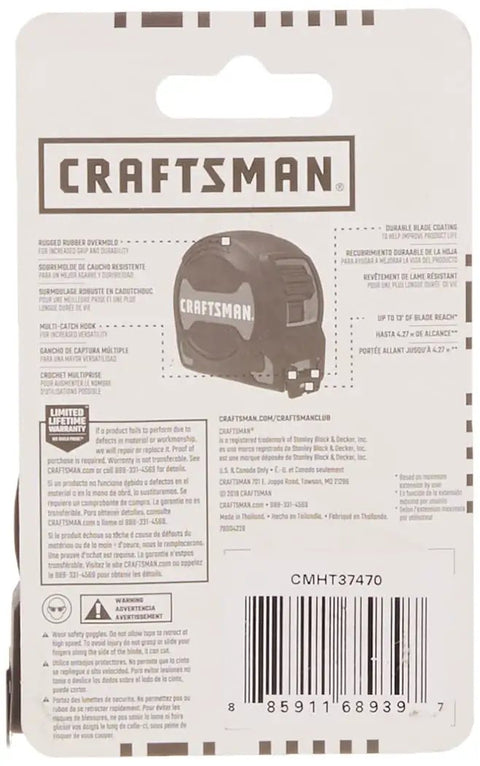 Back packaging of Easy Grip Tape Measure With 30 Foot Reach, Durable Rubber Exterior, Shock Resistant, showing specifications