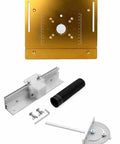 Heavy Duty Aluminum Router Table Insert Plate With Flip Up Lever And Precision Setup Bars For No Sweat Woodworking showing plate and accessories.