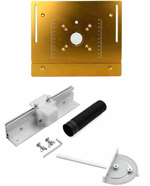 Heavy Duty Aluminum Router Table Insert Plate With Flip Up Lever And Precision Setup Bars For No Sweat Woodworking showing plate and accessories.