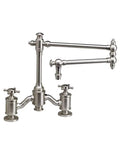 Top Shelf Towson Bridge Faucet Featuring An 18 Inch Articulated Spout And Heritage Cross Handles In Smooth Matte Antique Copper.