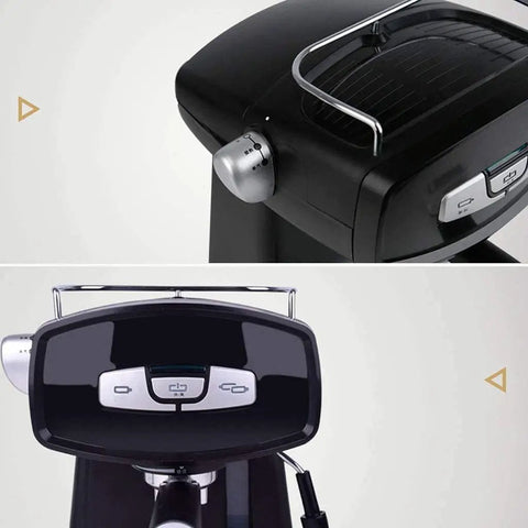 Close-up of a Semi Automatic Espresso Machine For Home And Small Cafe Italian Style Electric Coffee Maker with simple button controls.