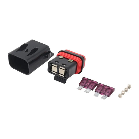 2 Pack 40A Motorcycle Fuse Holder Set For Electrical Systems On Bikes Space Saving Circuit Protector Box displayed open with fuses