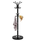 Heavy Duty Metal Coat Rack Stand With Marble Base Freestanding Hall Tree With 360 Degree Rotating Hooks 16 Hook Black Entryway Organizer For Home Or Office displayed with hat and scarf