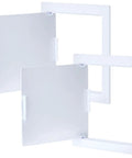 Rock Hard Eight By Eight Inch Drywall Access Panel Two Pack ABS plastic cover plates in open position, showcasing seamless design.