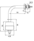 Diagram of Liquid Water Level Sensor Float Switch for Pool or Tank 75mm Beefy Stainless Steel Flow Switch with measurements.