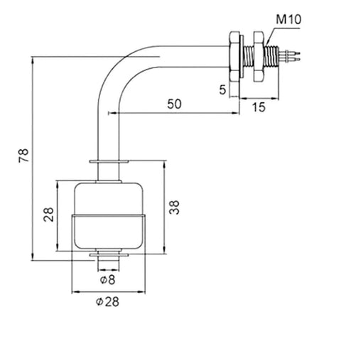 Diagram of Liquid Water Level Sensor Float Switch for Pool or Tank 75mm Beefy Stainless Steel Flow Switch with measurements.
