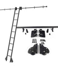 Heavy Duty Sliding Library Ladder Rail Kit With Black Steel Tubing And Rust Proof Floor Casters Complete Hardware Assembly showing ladder and components.