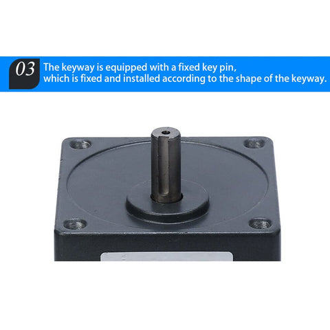 Close-up of AC Gear Motor Reducer 110V 120W 3K with keyway, showing fixed key pin for easy installation, alloy shell.