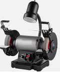 Heavy Duty 6 In Bench Grinder With Variable Speed Dial And Pure Copper Induction Motor, featuring dual grind wheels and flexible lamp.