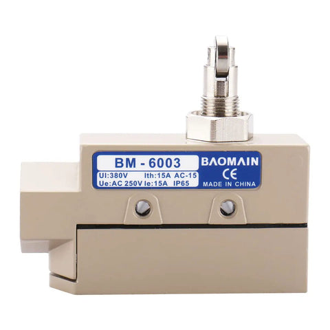 Rugged 15A 250VAC Beefed-Up Limit Switch With IP65 Sealed Body, Cross Roller Plunger Actuator, front view of switch with label
