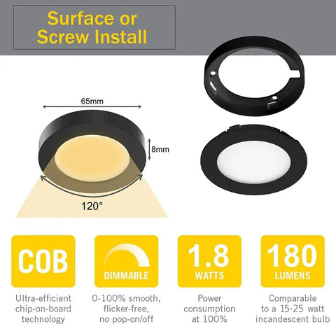 Under Cabinet LED Puck Lights 12V 2W Each in a Sweet Six Pack With Wireless Dimmer, Surface or Screw Install Diagram