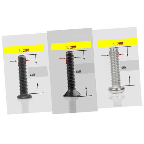 Three miniature screws, black and silver, 1.2mm diameter, displayed on cards with measurements, part of Miniature Screw Set With Transparent Storage Case For Easy Access For DIY Repairs And Assembly, Assorted Countersunk And Flat Head Machine Screws, Tiny Glasses Screws, Carbon Steel, Portable Handy Go-To Kit On The Go.