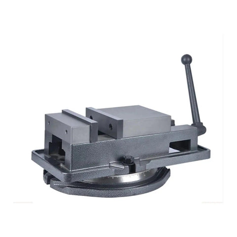 Heavy Duty CNC Precision Machine Vise For Milling Tables featuring steel build and wide flat nose jaws, shown from the side.