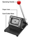 Manual PVC Card Cutter For CR80 Cards All Metal Desktop Die Cutter with handle, paper inlet, and cutter base.