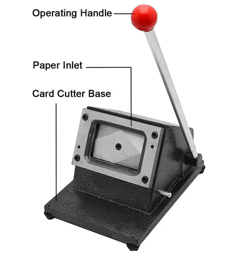 Manual PVC Card Cutter For CR80 Cards All Metal Desktop Die Cutter with handle, paper inlet, and cutter base.
