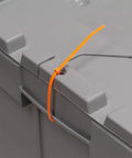 Close-up of a heavy-duty plastic storage tote with hinged flip top lid, secured with an orange zip tie.