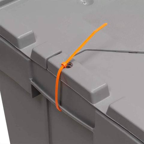 Close-up of a heavy-duty plastic storage tote with hinged flip top lid, secured with an orange zip tie.