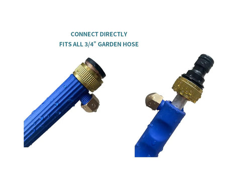 Close-up of Hydro Nozzle Hose Sprayer With Jet And Mist Modes showing 3/4 inch garden hose attachment and metal connectors.