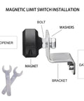 Magnetic Limit Switch For Sliding Gate Opener Replacement Magnet Set installation guide with wrenches, bolt, washers, bracket.