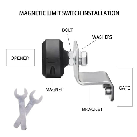Magnetic Limit Switch For Sliding Gate Opener Replacement Magnet Set installation guide with wrenches, bolt, washers, bracket.