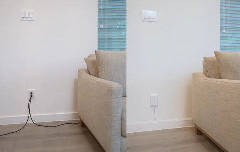 Before and after of Ultra Thin Outlet Concealer Kit with Cord Concealer and Flat Extension Cord for hidden cables behind a sofa