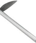 Close-up of a curved-blade hoe from the Complete 5 Piece Garden Tool Set With Hoe And Cultivator Hand Tiller Heavy Duty Carbon Steel Digging Tools