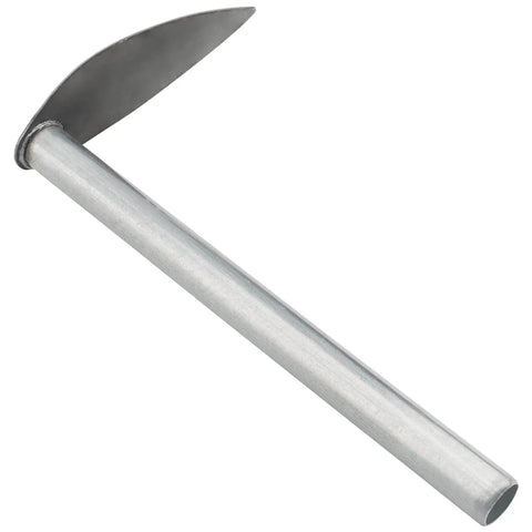 Close-up of a curved-blade hoe from the Complete 5 Piece Garden Tool Set With Hoe And Cultivator Hand Tiller Heavy Duty Carbon Steel Digging Tools