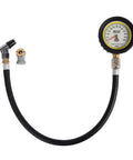 JOES Racing Pro Tire analog tire pressure gauge with 2-1/2 in white-face dial, 0–60 psi, black hose.
