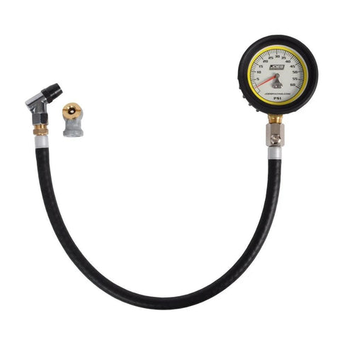 JOES Racing Pro Tire analog tire pressure gauge with 2-1/2 in white-face dial, 0–60 psi, black hose.