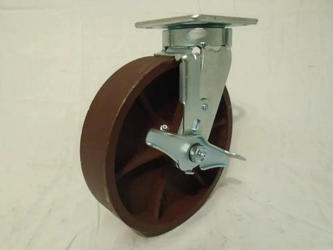 Heavy Duty Eight Inch Ductile Steel Swivel Casters With Brakes Plus Two Rigid Units close-up showing durable steel material and locking mechanism.