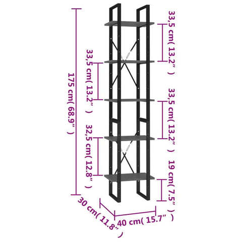 Five Tier Industrial Book Cabinet With Metal Frame And Engineered Wood Bookshelf, 68.9 Inches Tall, Dimensions Illustrated