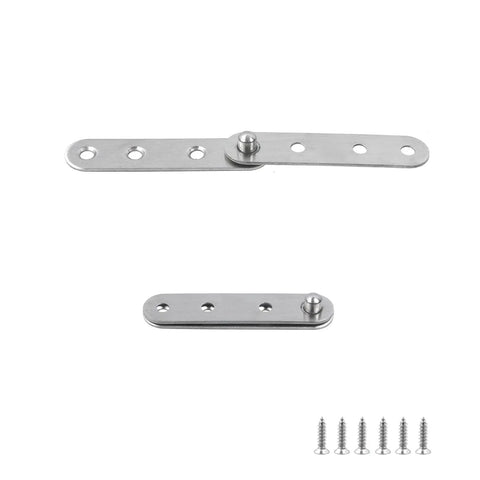 Bulletproof Four Pack Concealed Cabinet Hinges Yield Slick Pivot Door Swing Heavy Duty Stainless Steel Resists Rust Thoroughly Comes With Complete Screw Kit For Dead Straight Diy Fixes, showing two hinges and screws.
