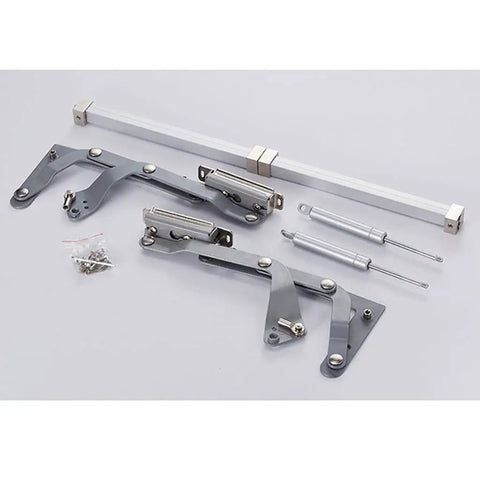 Translational Lift Up Cabinet Door Hinge With 250N Gas Springs for Smooth Overhead Cabinet Doors, metal components on display