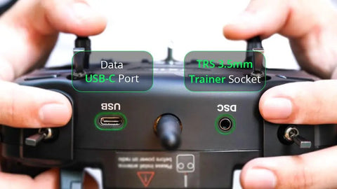 Dope Compact Pro Radio Transmitter With Hall Gimbals And ELRS CC2500 showing USB-C port and TRS 3.5mm trainer socket