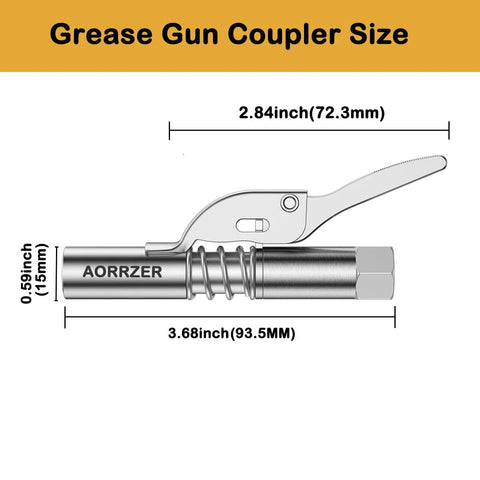 AORRZER grease gun coupler with lock-on lever; steel body and visible branding