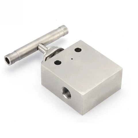 Stainless steel high-pressure needle valve with T-handle, angled front view, 1/4 in port