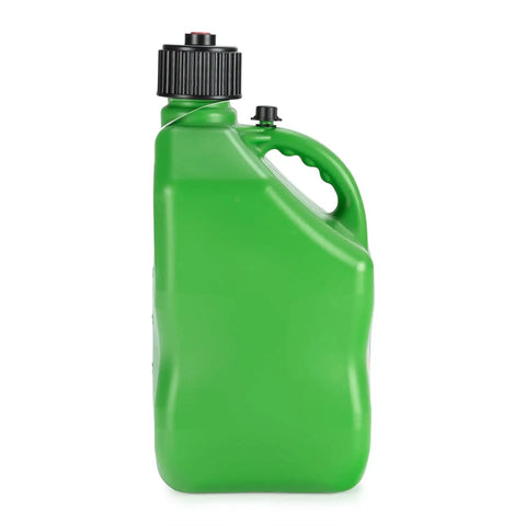 Rock Solid Heavy Duty 5.5 Gallon Square Storage Jugs Green Three Pack With Battery Powered Pump Sweet For Quick Oil Changes And Shop Cleanup No Sweat Setup Today side view of green HDPE jug with handle and pump.