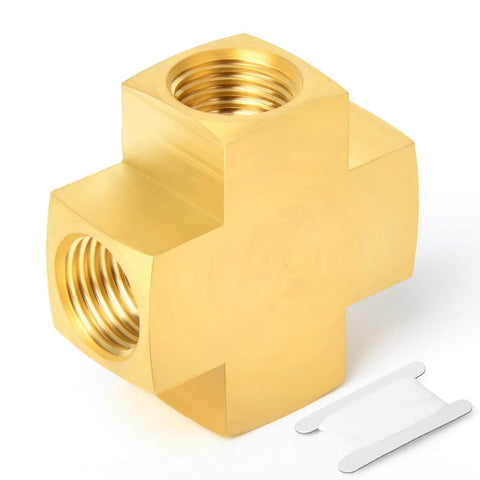 Brass Four-Way Pipe Fitting Cross, 1/4 Inch NPT Female Threads, Barstock Quality, 3 Pack, corrosion-resistant brass connector