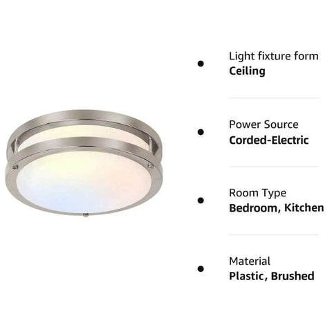 10 Inch Flush Mount LED Ceiling Light Fixture with brushed nickel finish and adjustable color temperature for bedroom and kitchen.