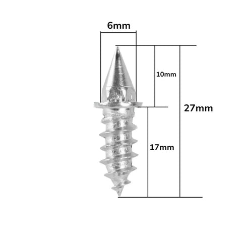 Heavy Duty Tire Studs 6Mm X 27Mm Steel Snow Spikes showing dimensions, 6mm width and 27mm length for traction upgrade.