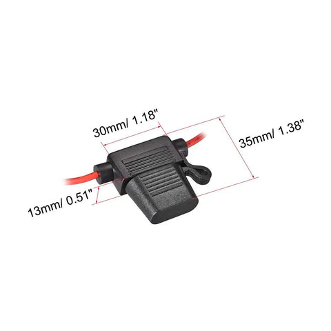 In Line 18AWG Waterproof Fuse Holder For ATC And ATO Fuses, dual lid design, measuring 30mm x 35mm, with red wire leads