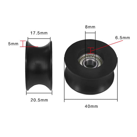 Front and side views of 10-pcs black nylon-coated U-shaped pulley wheel with 608ZZ bearing for rail systems.