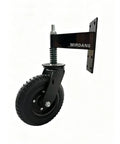 Tough As Nails Eight Inch Heavy Duty Gate Caster Featuring Built In Spring Loaded Swivel For Wooden Fences That Rolls Smooth And Handles Up To 1000 Pounds Easily, showing black rubber wheel and reinforced steel bracket.