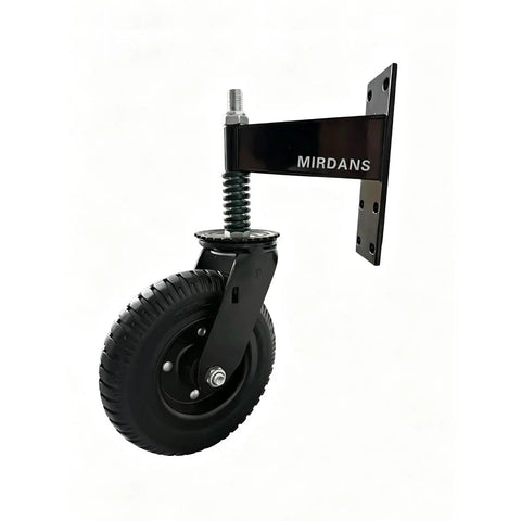 Tough As Nails Eight Inch Heavy Duty Gate Caster Featuring Built In Spring Loaded Swivel For Wooden Fences That Rolls Smooth And Handles Up To 1000 Pounds Easily, showing black rubber wheel and reinforced steel bracket.