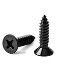 Rust Busting Number 4 Gauge Half Inch Flat Head Sheet Metal Screws With Phillips Drive And Self Tapping Threads Clad In Black Oxide 304 Stainless Steel For Badass Wood Or Metal Shop Jobs 100 Count shown in close-up detail.