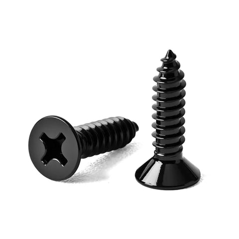 Rust Busting Number 4 Gauge Half Inch Flat Head Sheet Metal Screws With Phillips Drive And Self Tapping Threads Clad In Black Oxide 304 Stainless Steel For Badass Wood Or Metal Shop Jobs 100 Count shown in close-up detail.