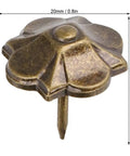 Top Shelf Heavy Rust Proof Vintage Upholstery Tacks 20 Piece Set Knockout Flower Design Hardware Nails For Total Room Makeovers And Handy Furniture Redo Without Sweat, close-up of a flower design decorative nail.