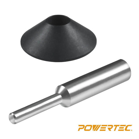 Powertec router centering pin and cone set; steel rod with black conical guide, 2-piece